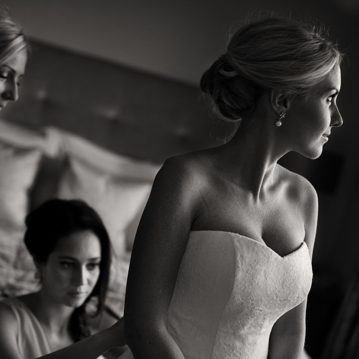 Bride getting ready in a Caroline Castigliano gown